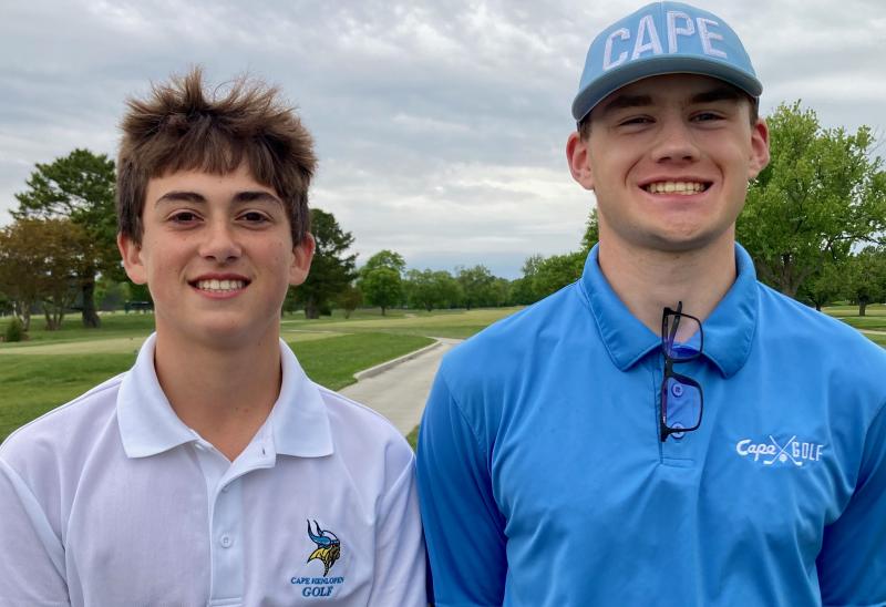 Three Cape Henlopen golf team players each shot 40 on the front nine May 14 at Rehoboth Beach CC during the Vikings’ tri-match victory against Padua Academy and Hodgson Vo-Tech. A threesome co-medalist result is a rarity. Shown are Dalen Daminger, left, and Chad Hughey. Tyler Healy is pictured separately. FRITZ SCHRANCK PHOTOS